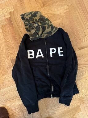 Bape Black Zip Hoodie with Green Camo Hood